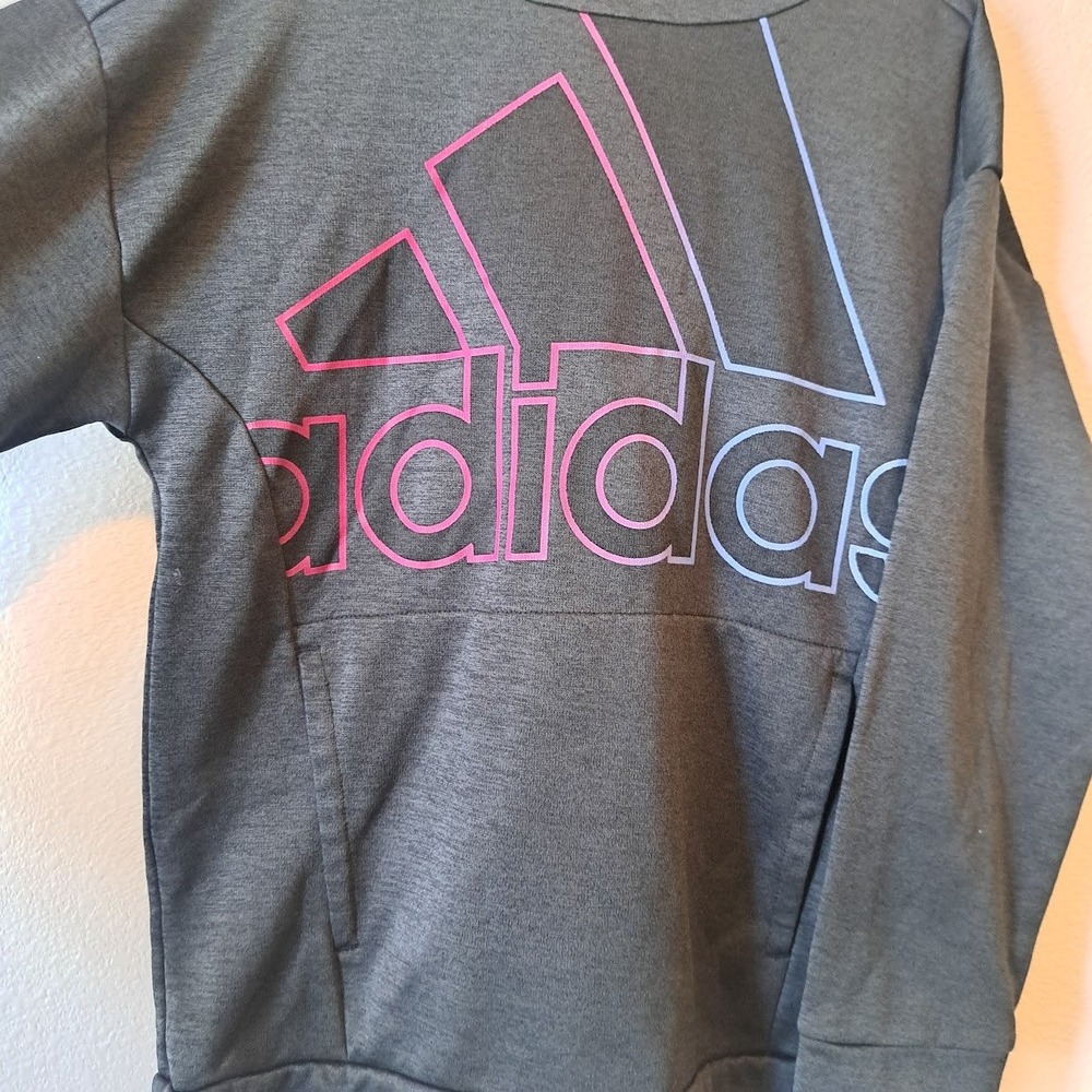 Adidas Girl Hoodie Charcoal Grey Pink Blue Gradient Logo Sweatshirt Size M 10/12 - Picture 2 of 5